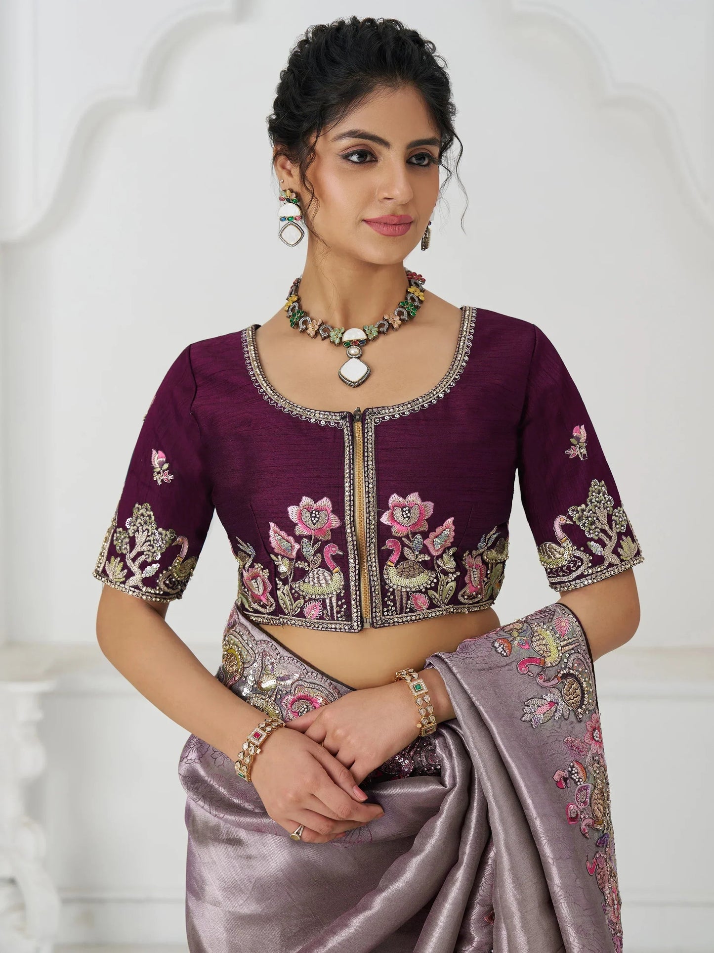 Adorable Mauve Thread Work Dola Silk Wedding Saree With Blouse