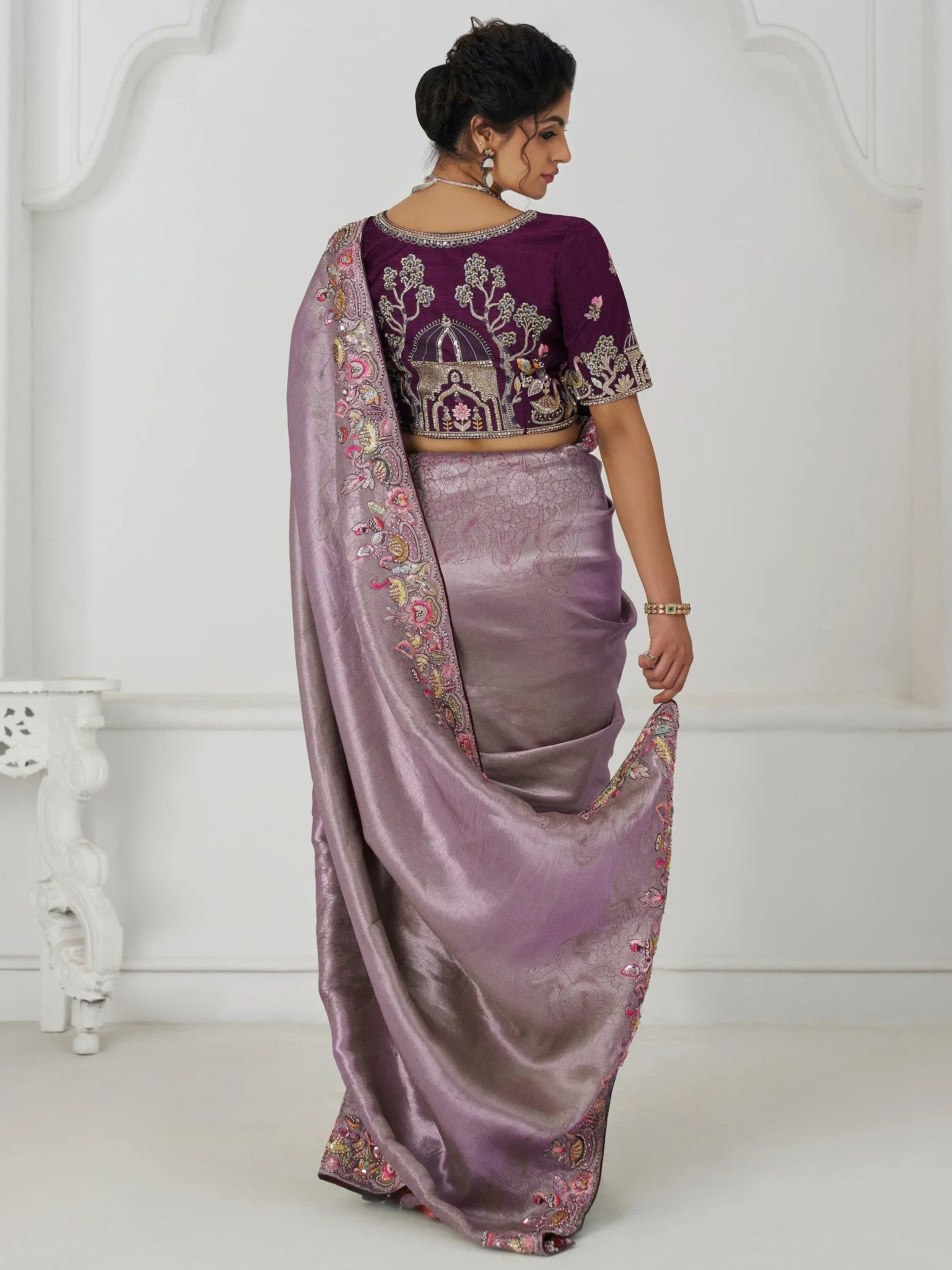 Adorable Mauve Thread Work Dola Silk Wedding Saree With Blouse