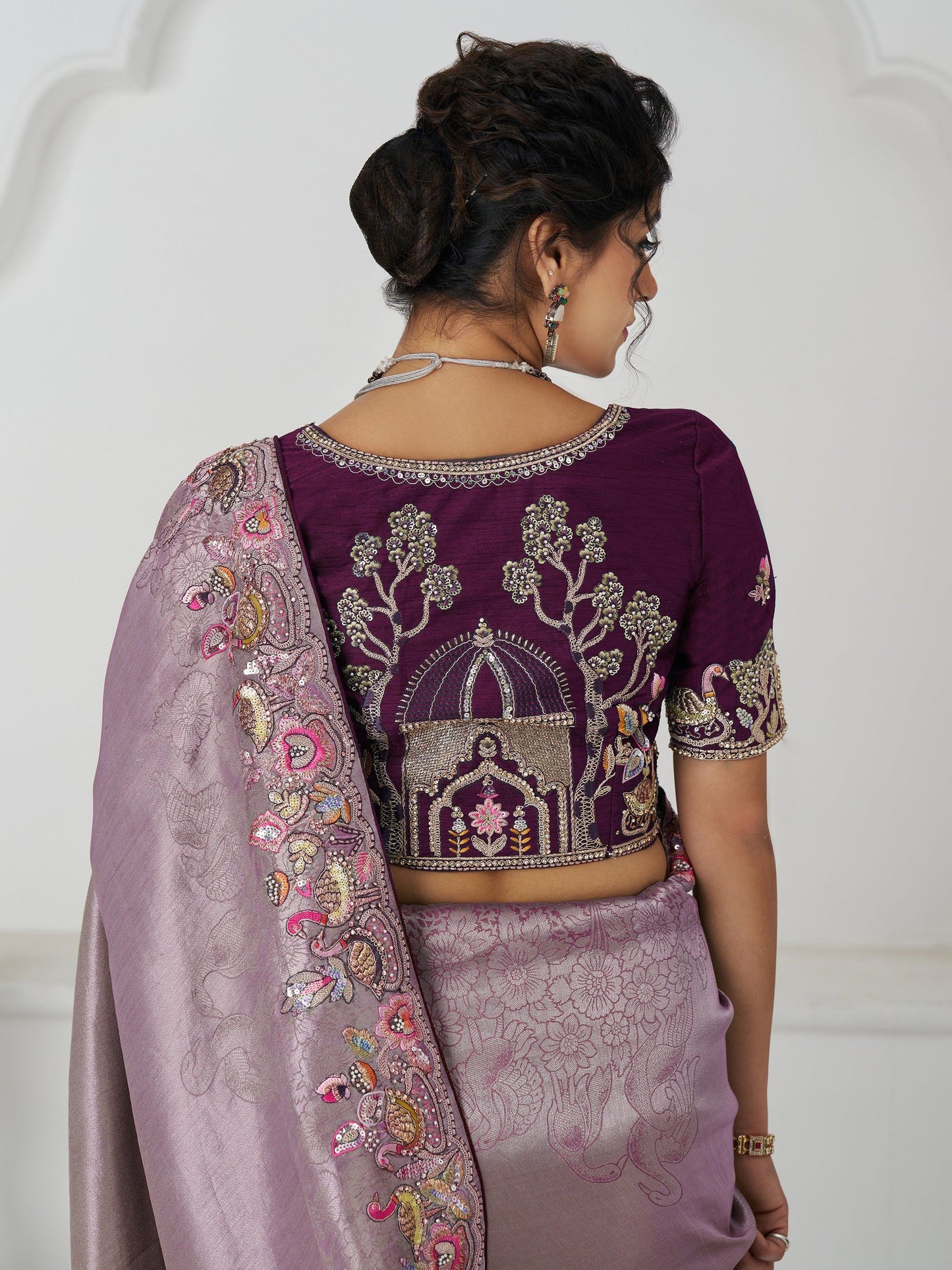 Adorable Mauve Thread Work Dola Silk Wedding Saree With Blouse