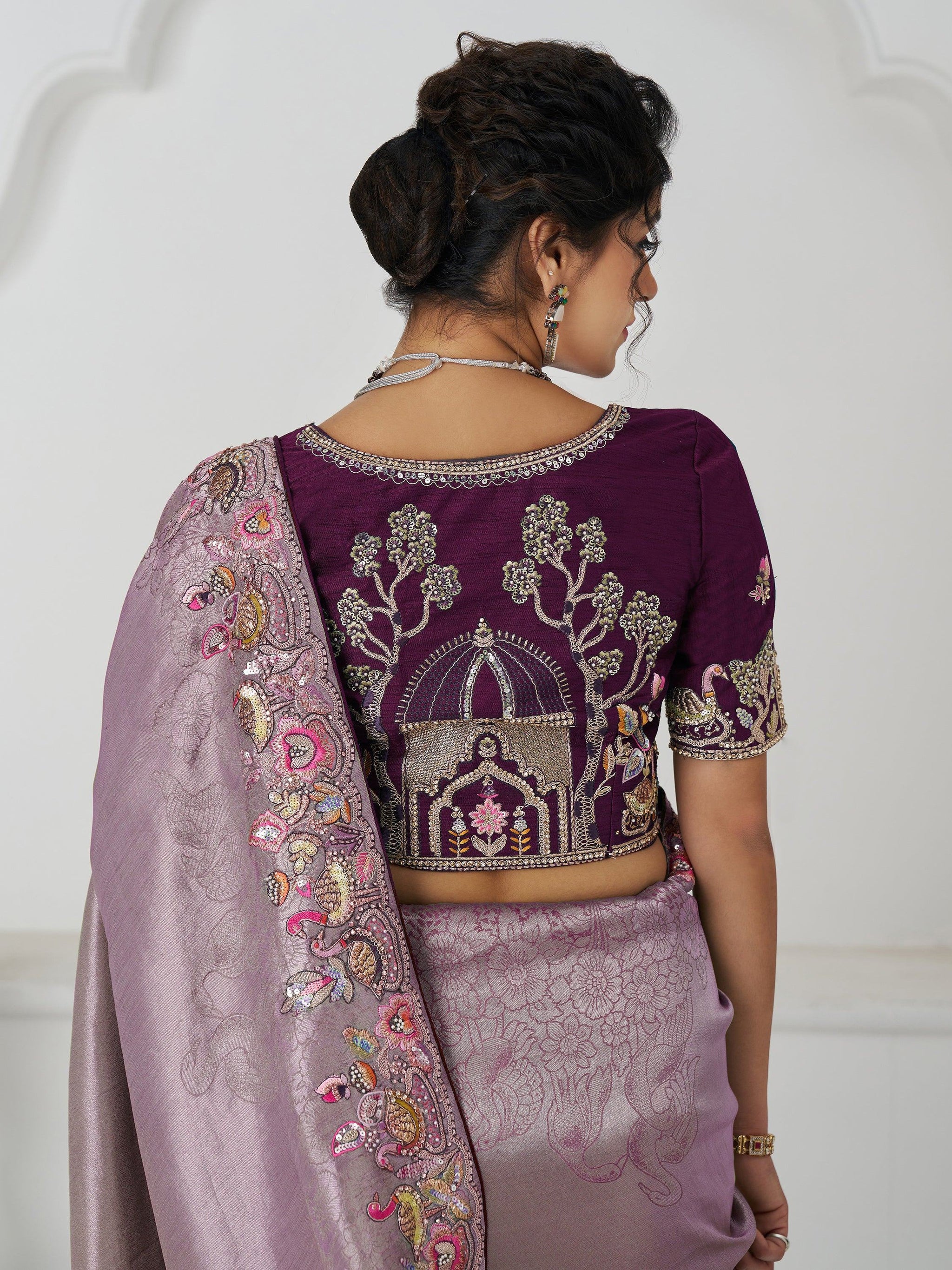 Adorable Mauve Thread Work Dola Silk Wedding Saree With Blouse