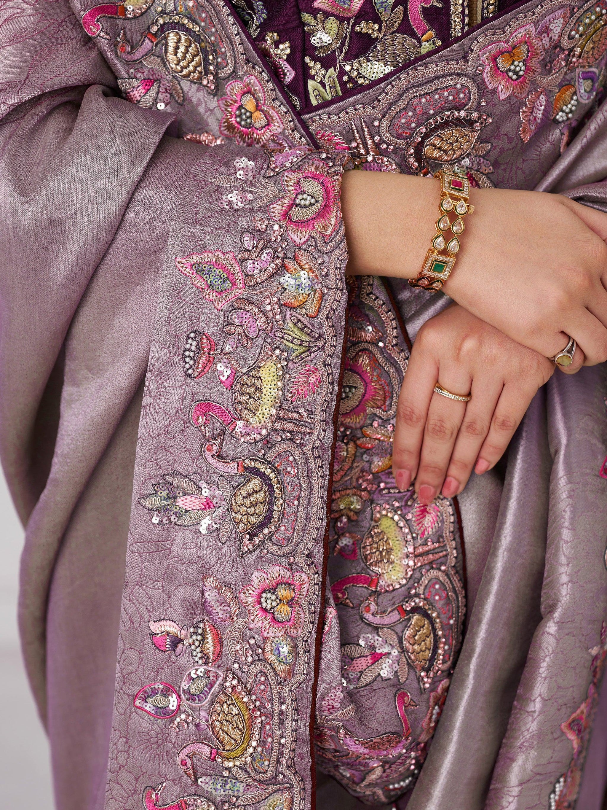 Adorable Mauve Thread Work Dola Silk Wedding Saree With Blouse