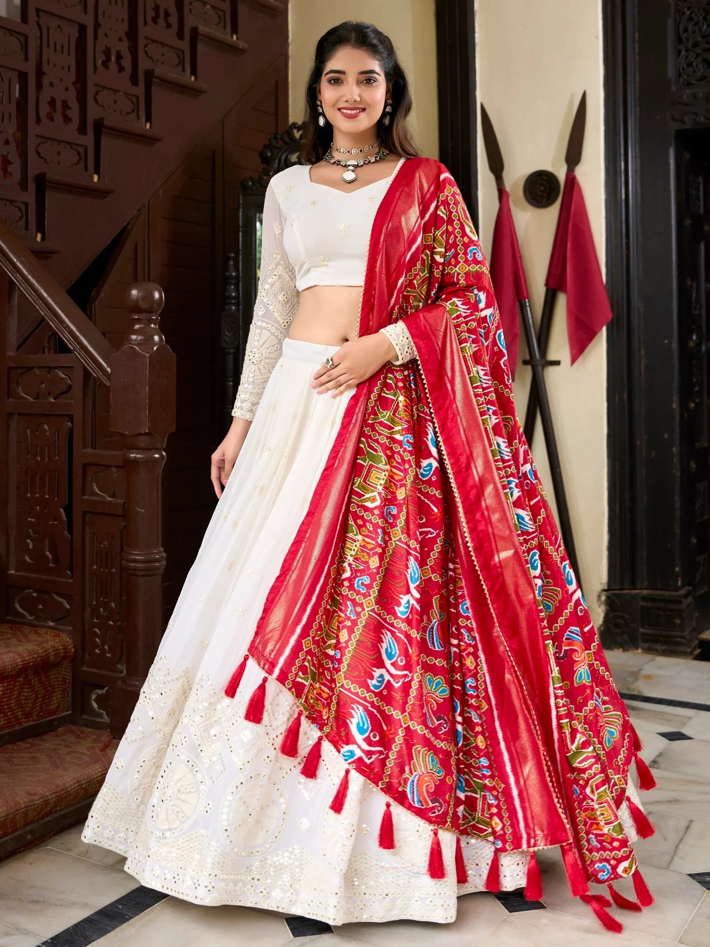 Adorable Off-White Lucknowi Work Georgette Traditional Lehenga Choli