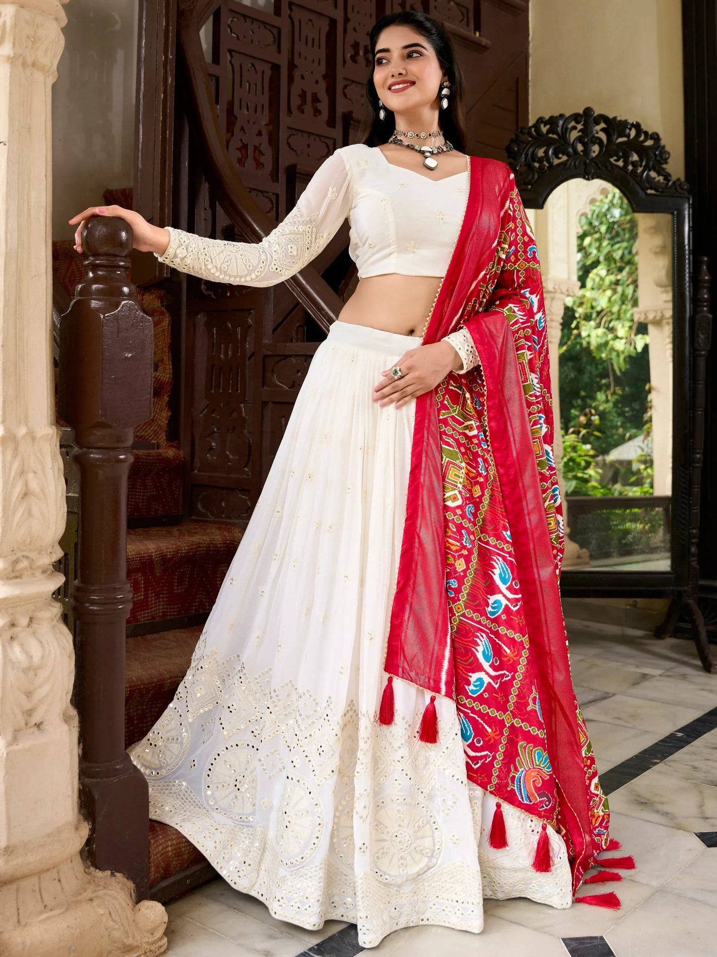 Adorable Off-White Lucknowi Work Georgette Traditional Lehenga Choli