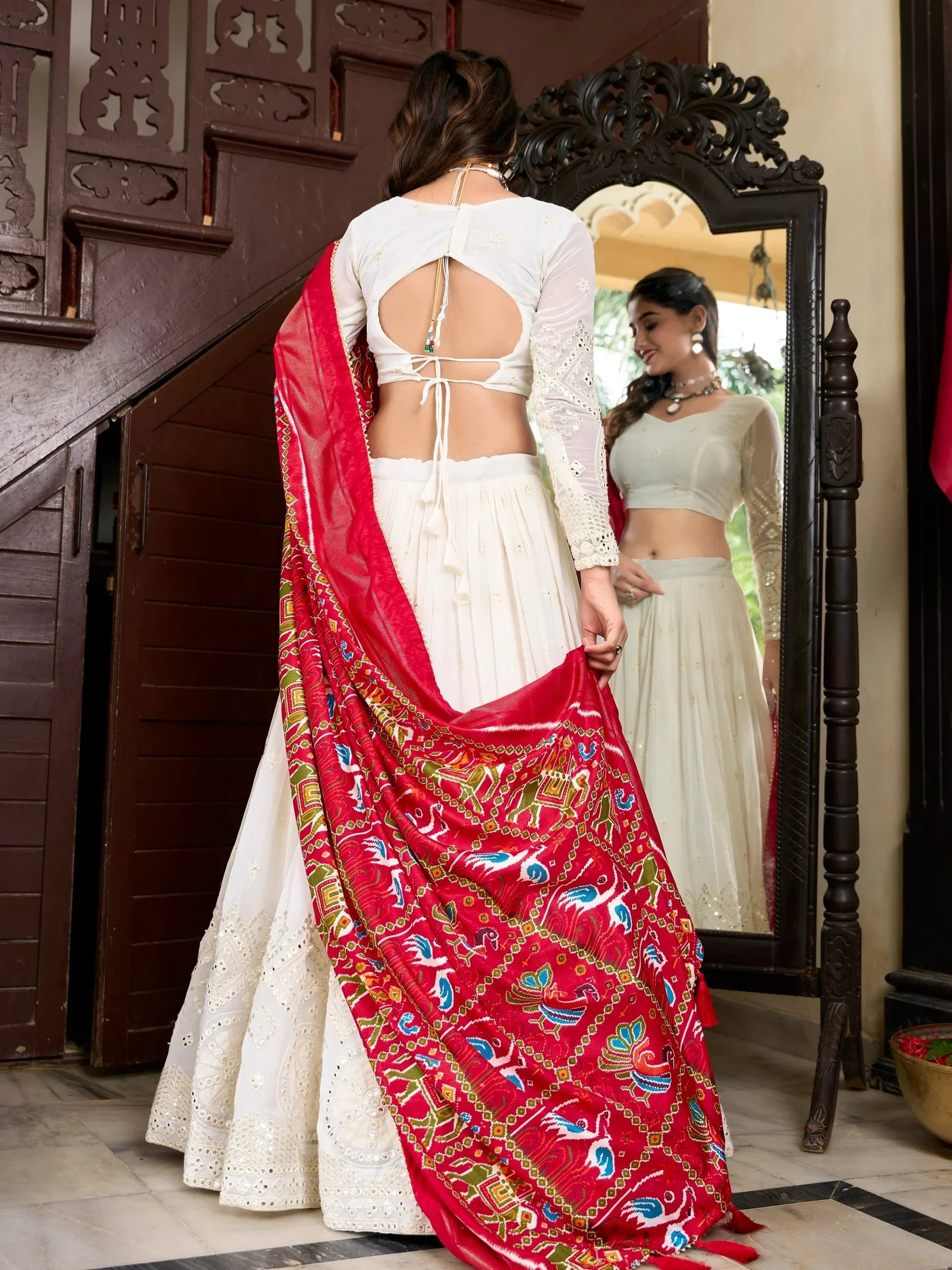 Adorable Off-White Lucknowi Work Georgette Traditional Lehenga Choli
