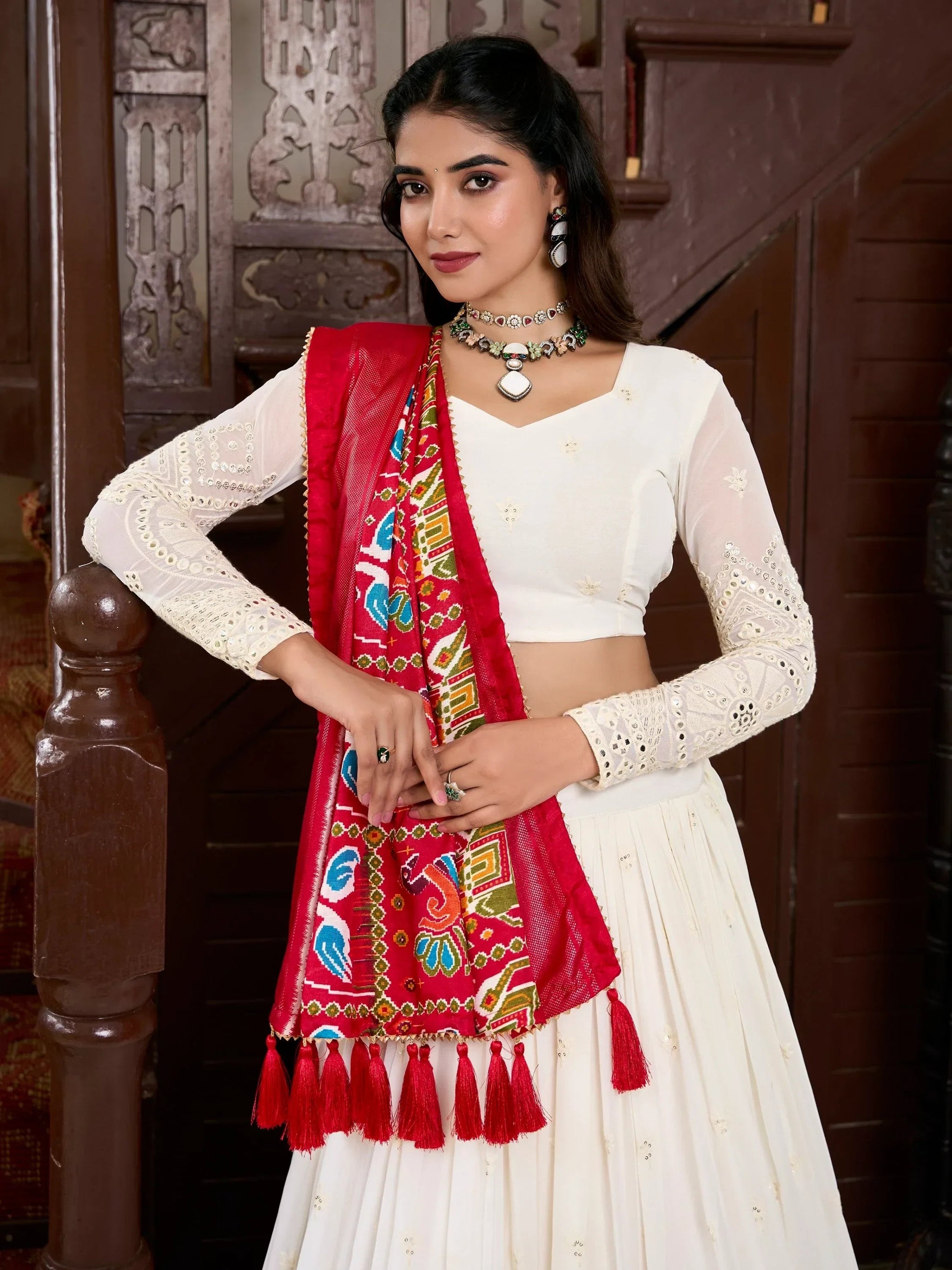 Adorable Off-White Lucknowi Work Georgette Traditional Lehenga Choli