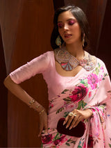 Adorable Pink Floral Printed Satin Events Wear Saree With Blouse