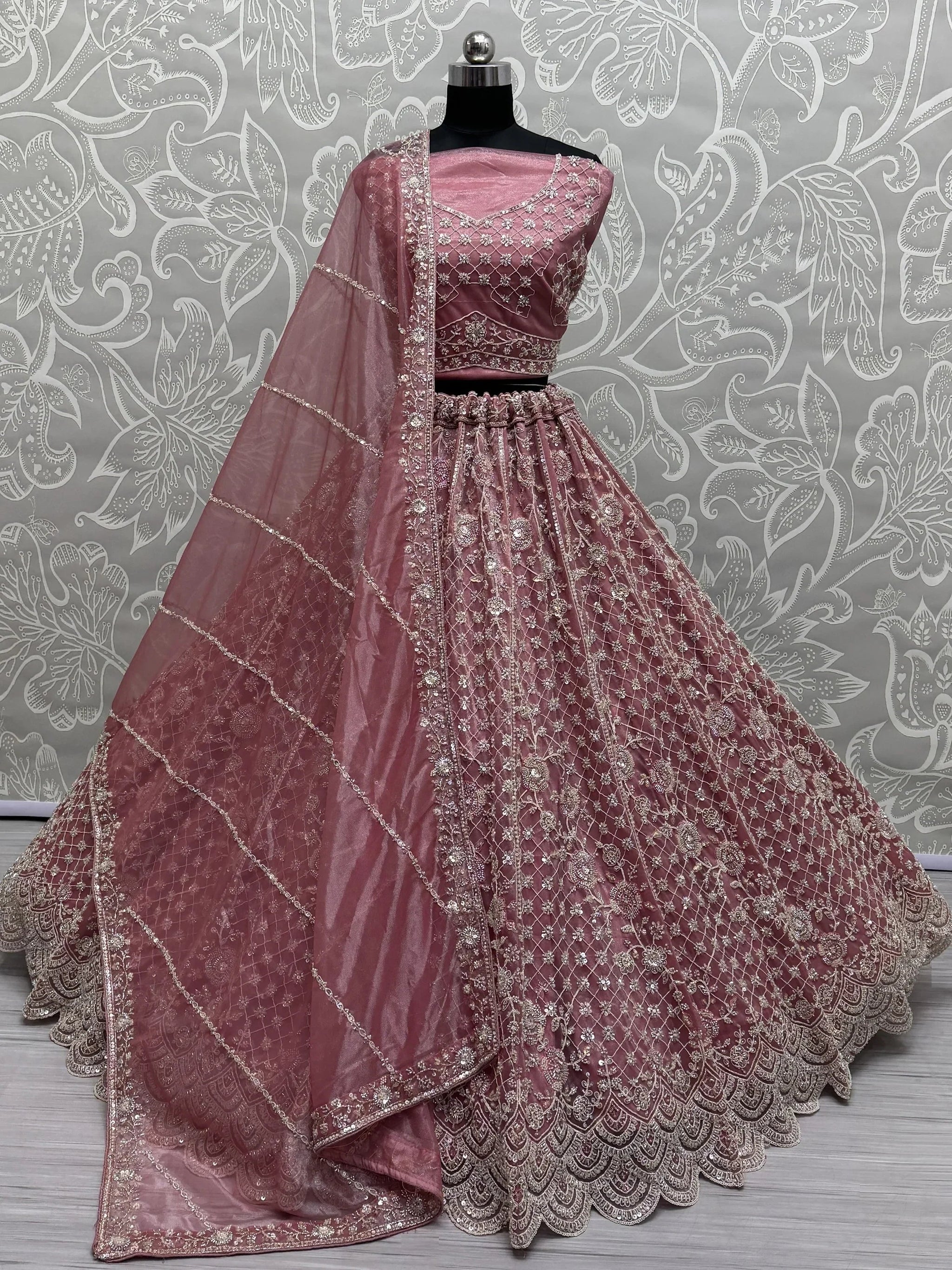 Adorable Pink Hand Work Net Bridal Wear Lehenga Choli With Dupatta