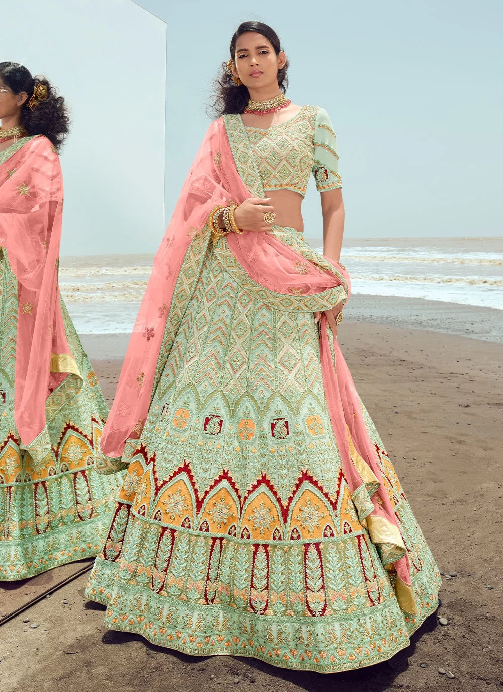 Adorable pista green embroidered georgette wedding lehenga choli