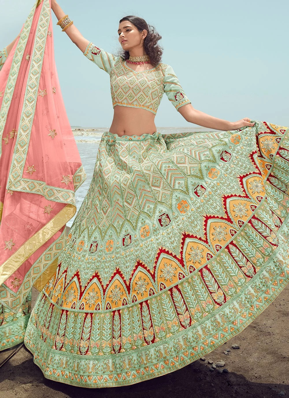 Adorable pista green embroidered georgette wedding lehenga choli