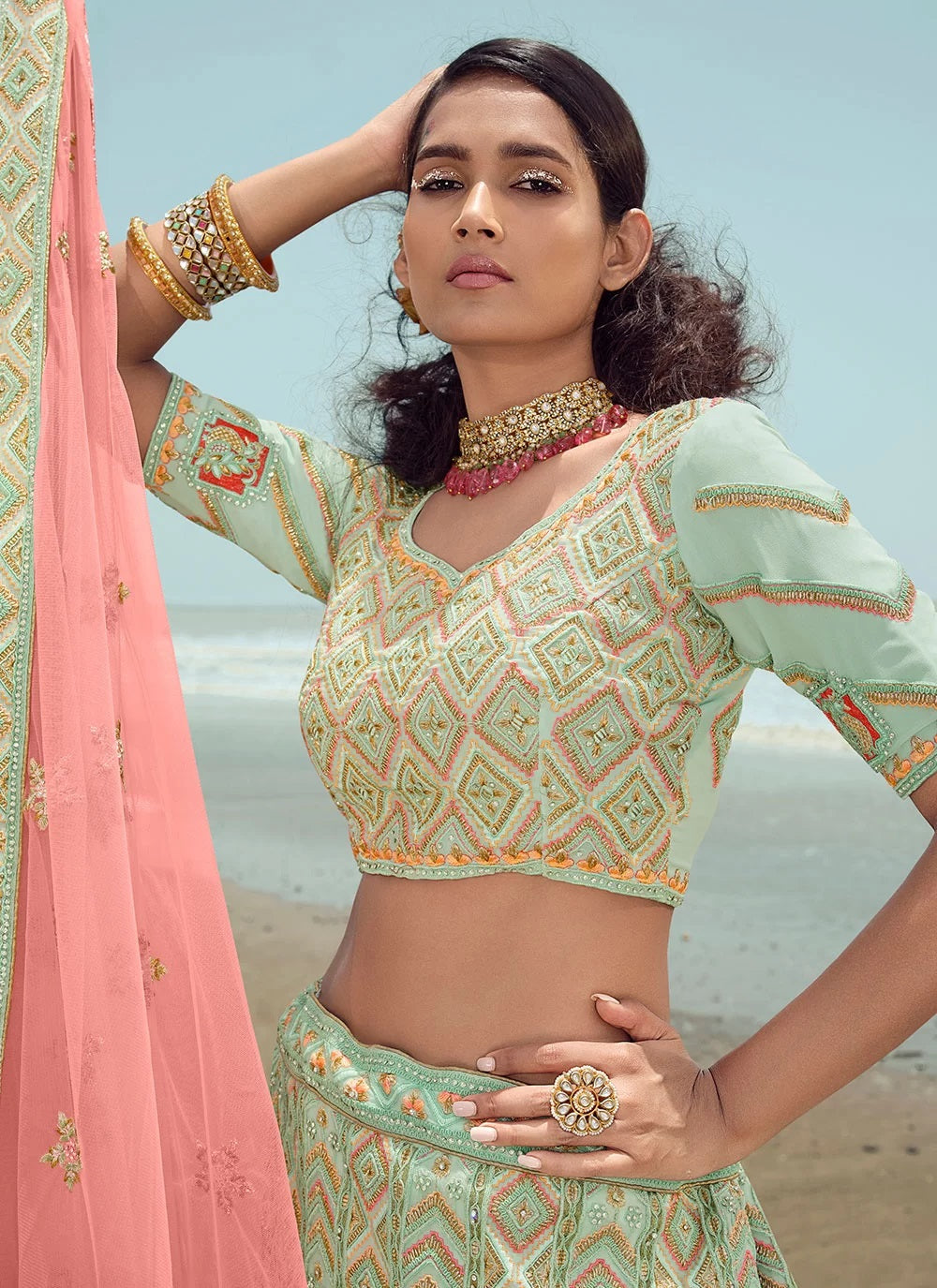 Adorable pista green embroidered georgette wedding lehenga choli