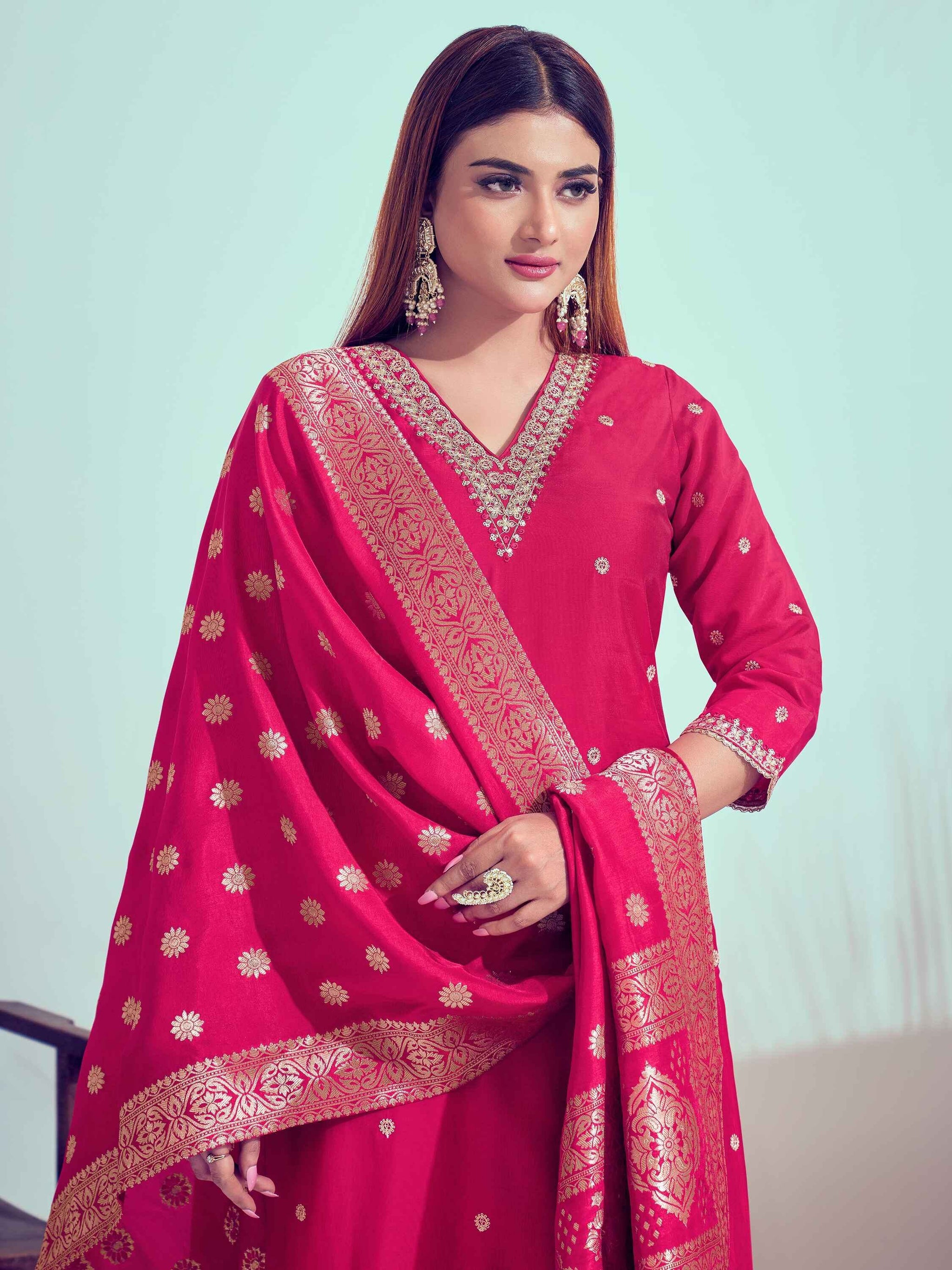 Adorable Rani Pink Cord Embroidery Silk Event Wear Pant Suit