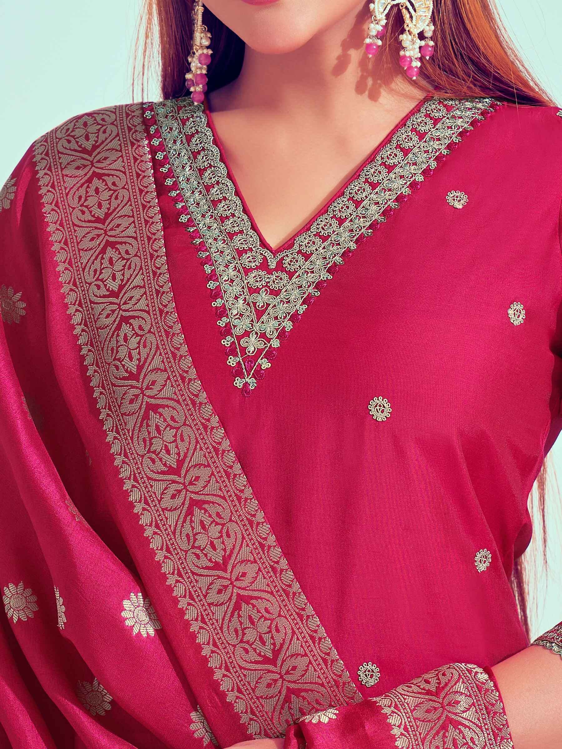 Adorable Rani Pink Cord Embroidery Silk Event Wear Pant Suit