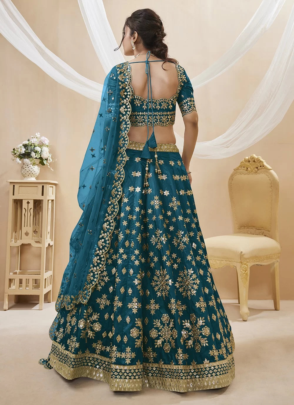 Adorable Sequins Embroidered Art Silk Lehenga in Teal Blue
