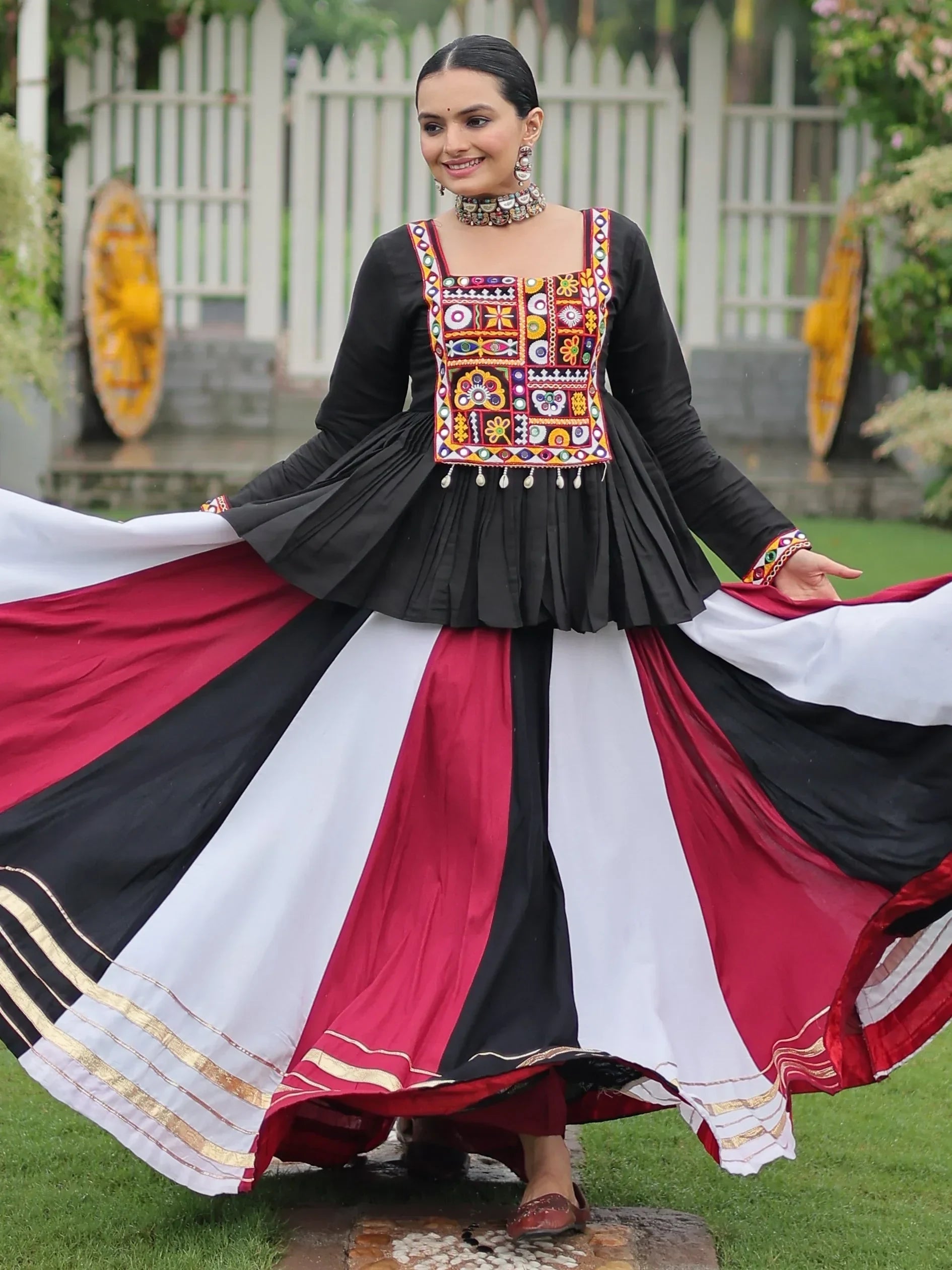 Adorable White Gota Patti Lace Rayon Navratri Wear Lehenga With Peplum Top