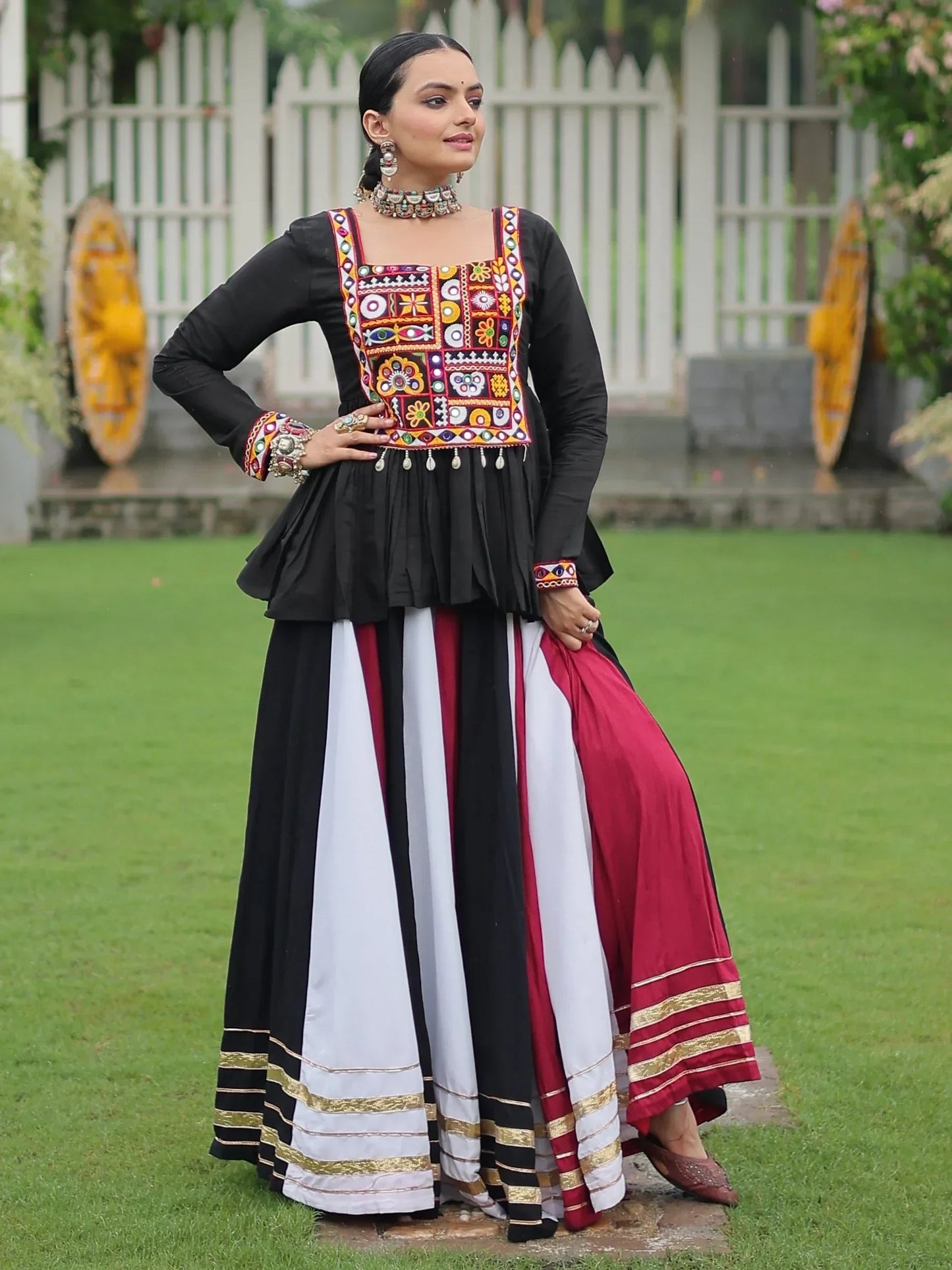 Adorable White Gota Patti Lace Rayon Navratri Wear Lehenga With Peplum Top