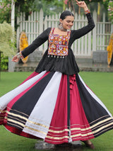 Adorable White Gota Patti Lace Rayon Navratri Wear Lehenga With Peplum Top