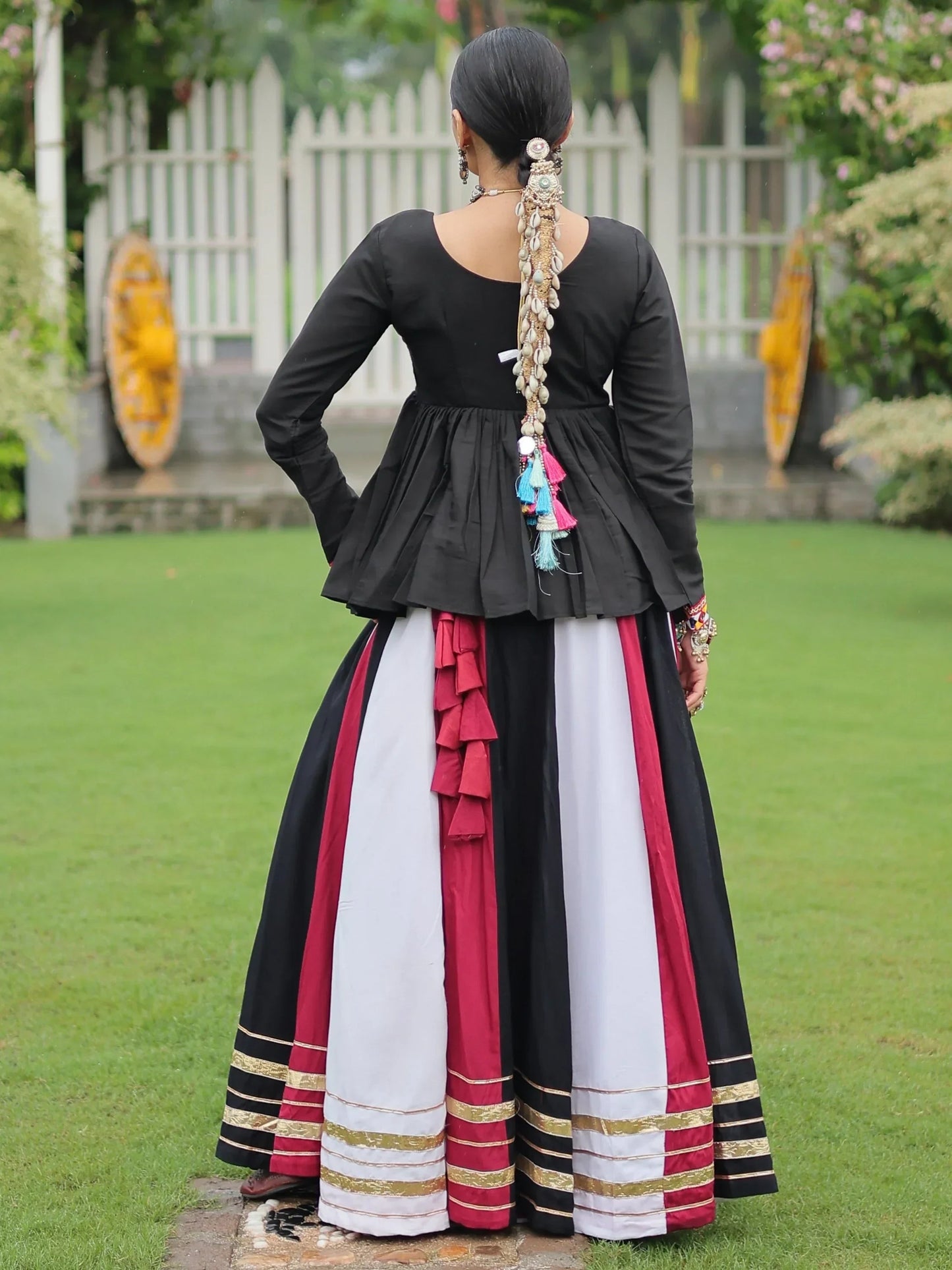 Adorable White Gota Patti Lace Rayon Navratri Wear Lehenga With Peplum Top
