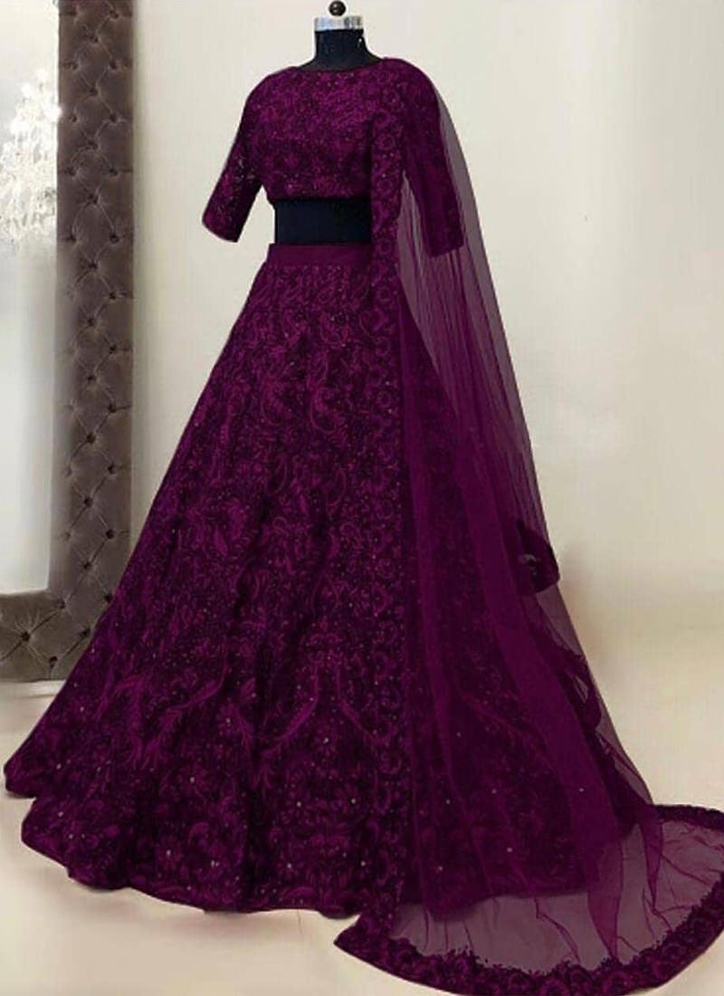 Adorable Wine Soft Net Base Resham Work Ethnic Lehenga Choli