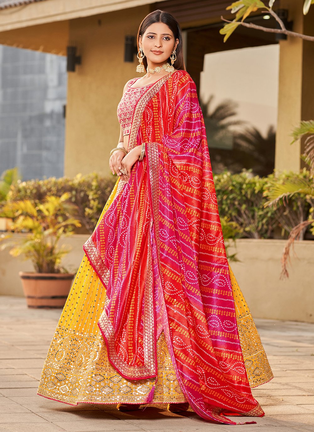 Adorable yellow georgette sequins and mirror work indian ethnic lehenga