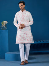 Aesthetic White Embroidered Silk Traditional Men Kurta