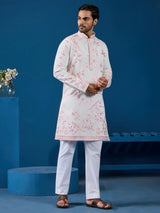 Aesthetic White Embroidered Silk Traditional Men Kurta