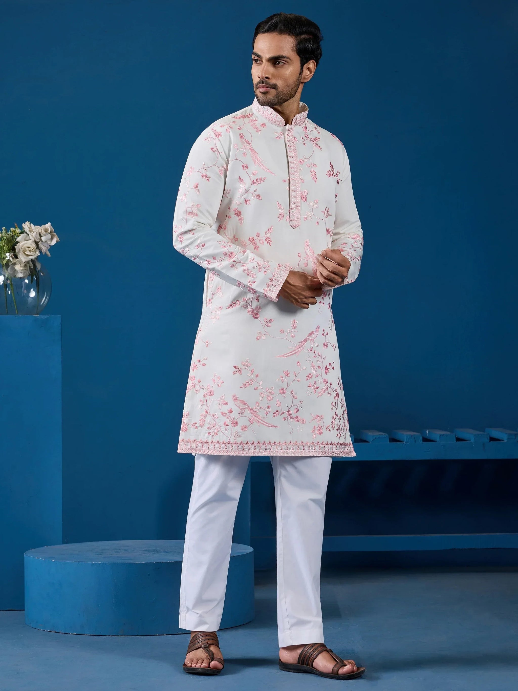 Aesthetic White Embroidered Silk Traditional Men Kurta