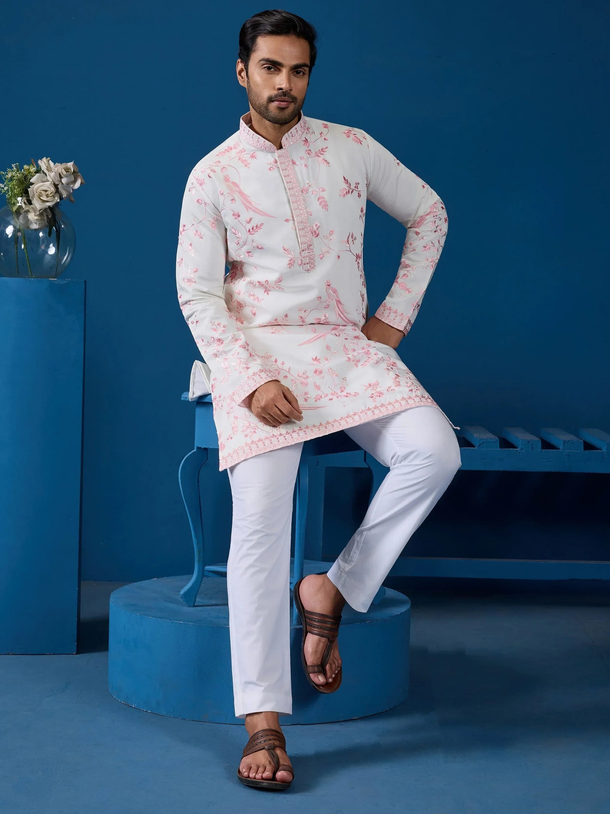 Aesthetic White Embroidered Silk Traditional Men Kurta