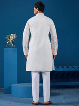 Aesthetic White Embroidered Silk Traditional Men Kurta