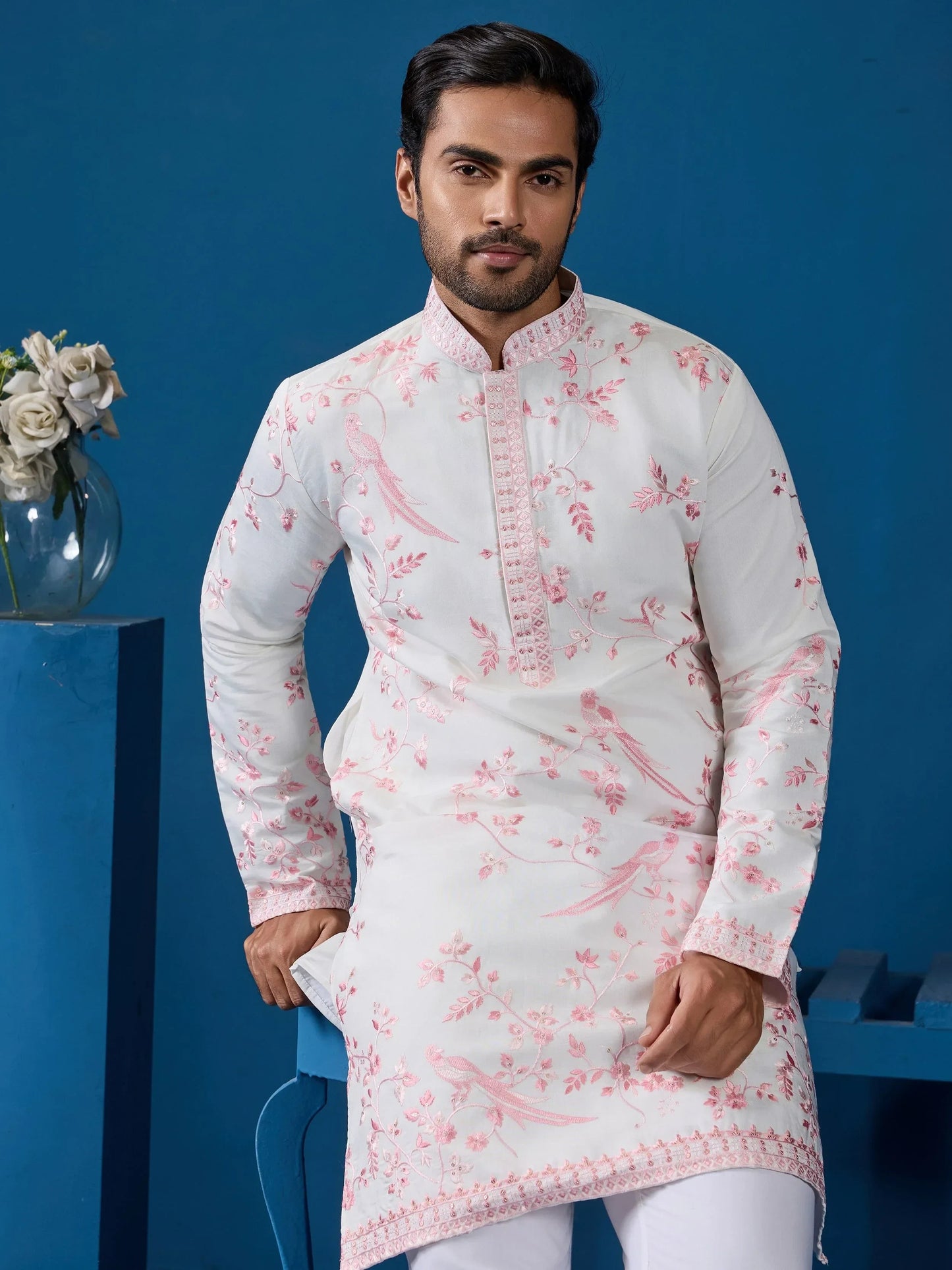 Aesthetic White Embroidered Silk Traditional Men Kurta