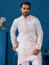 Aesthetic White Embroidered Silk Traditional Men Kurta