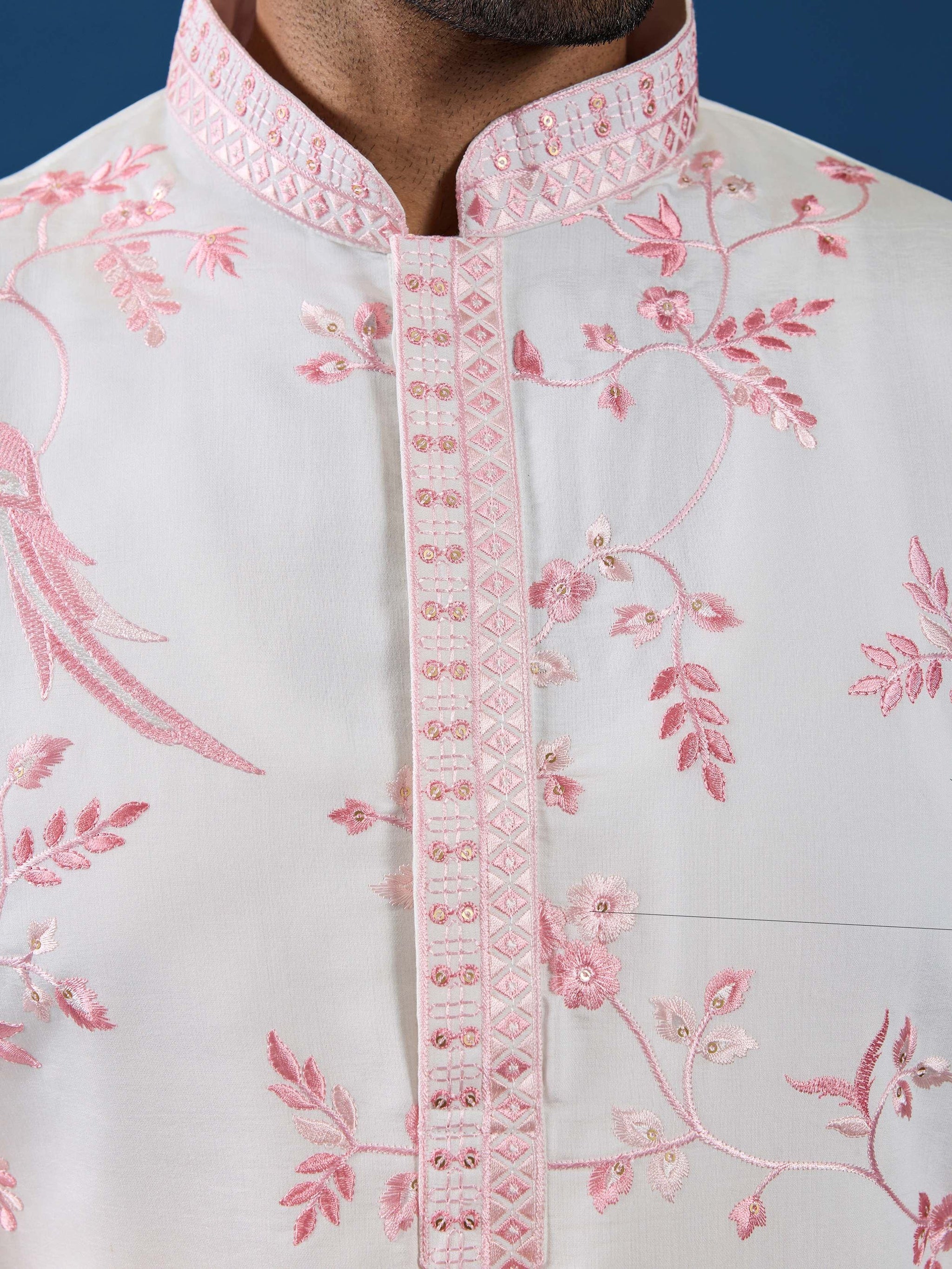 Aesthetic White Embroidered Silk Traditional Men Kurta