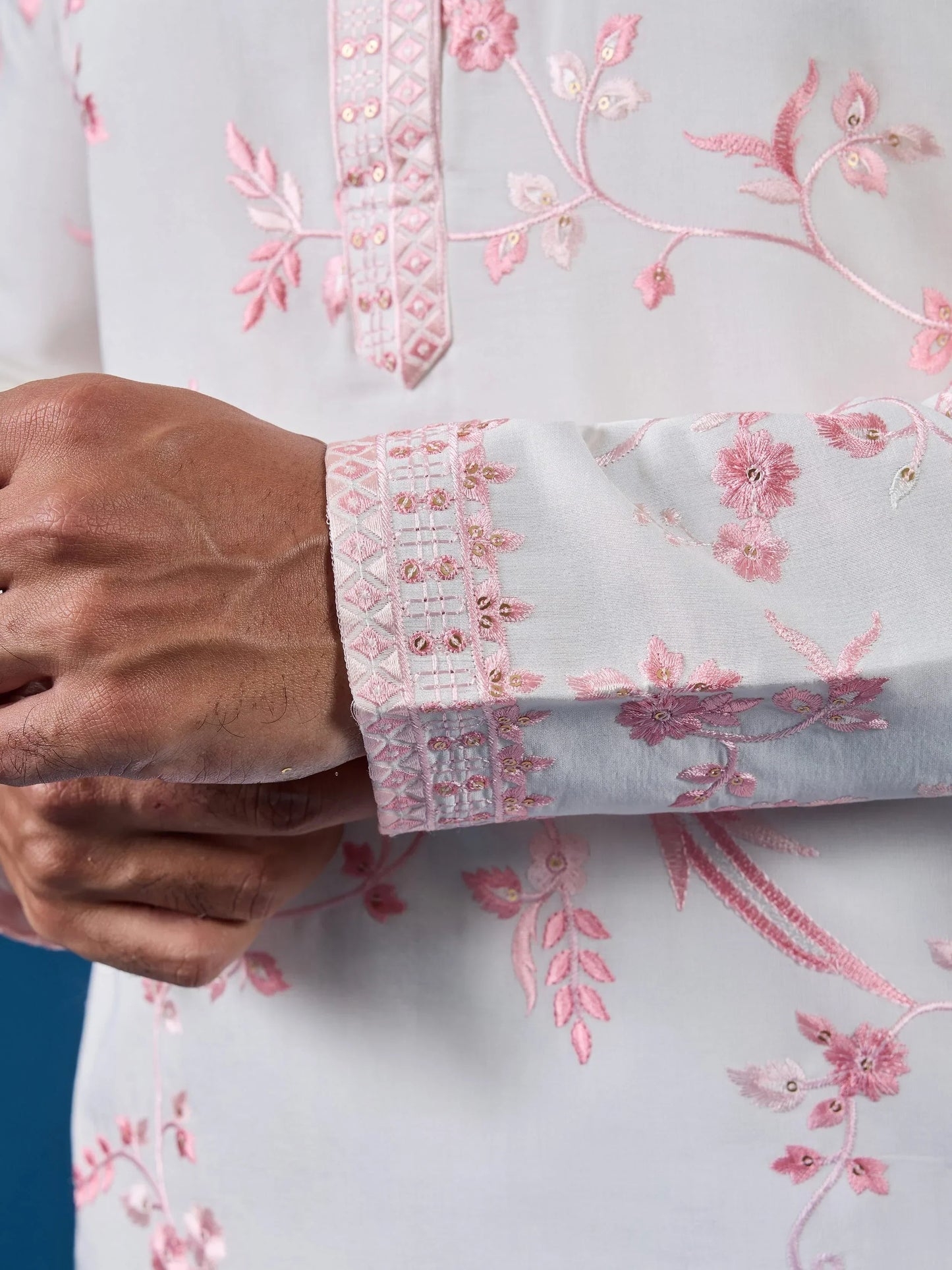 Aesthetic White Embroidered Silk Traditional Men Kurta