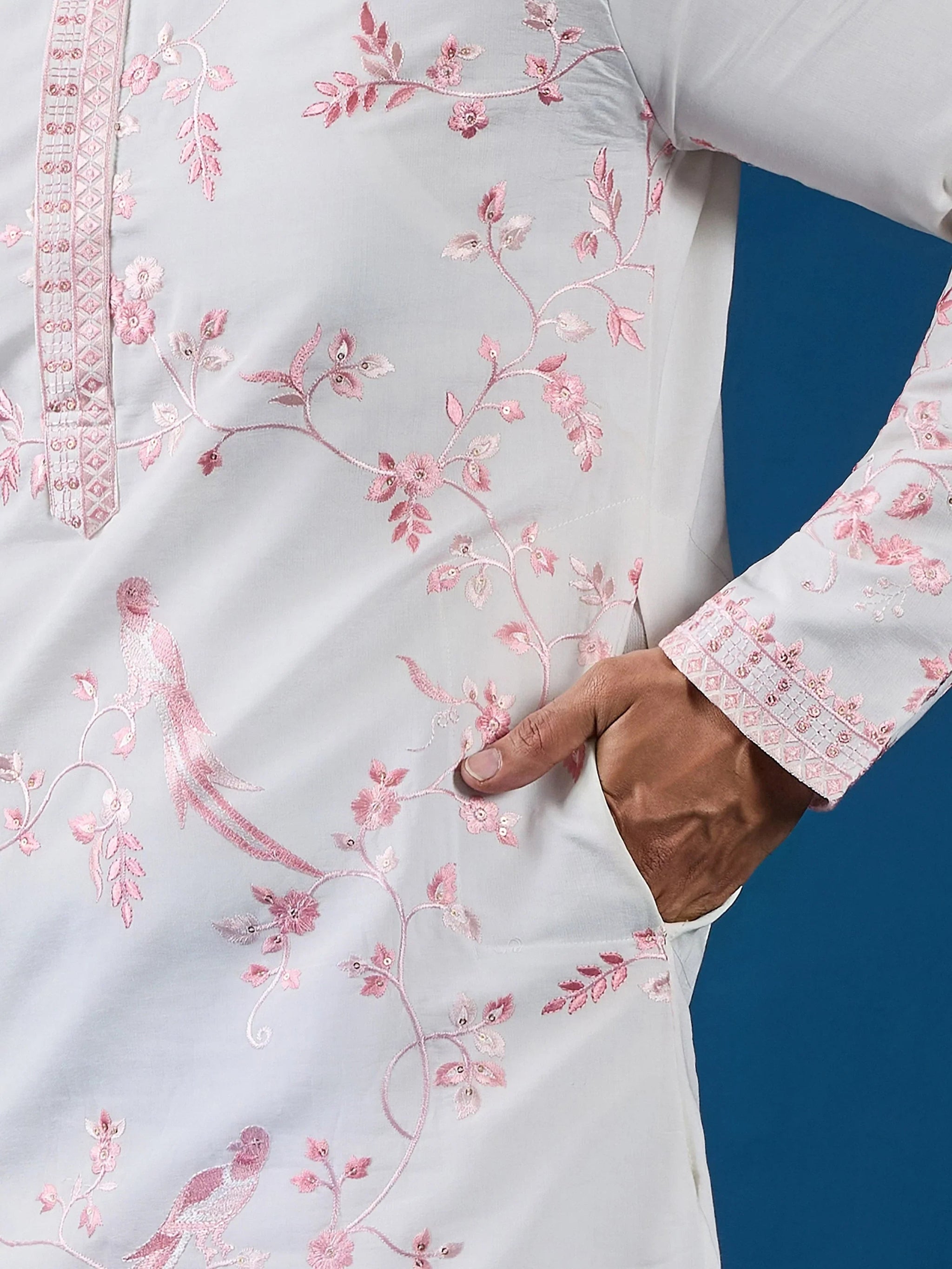 Aesthetic White Embroidered Silk Traditional Men Kurta