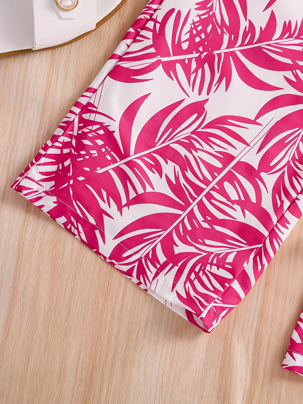 Girls Pink Ribbed Sleeveless Crop Top & Tropical Leaf Print Pants Set
