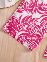 Girls Pink Ribbed Sleeveless Crop Top & Tropical Leaf Print Pants Set