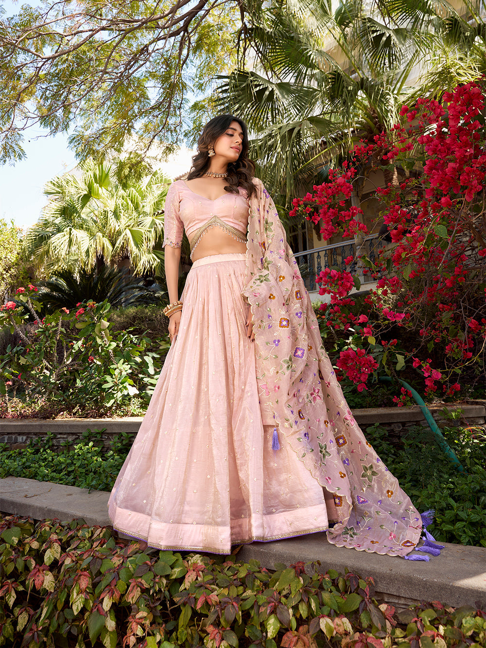 Light pink color sequins and thread embroidery gold crush lehenga choli