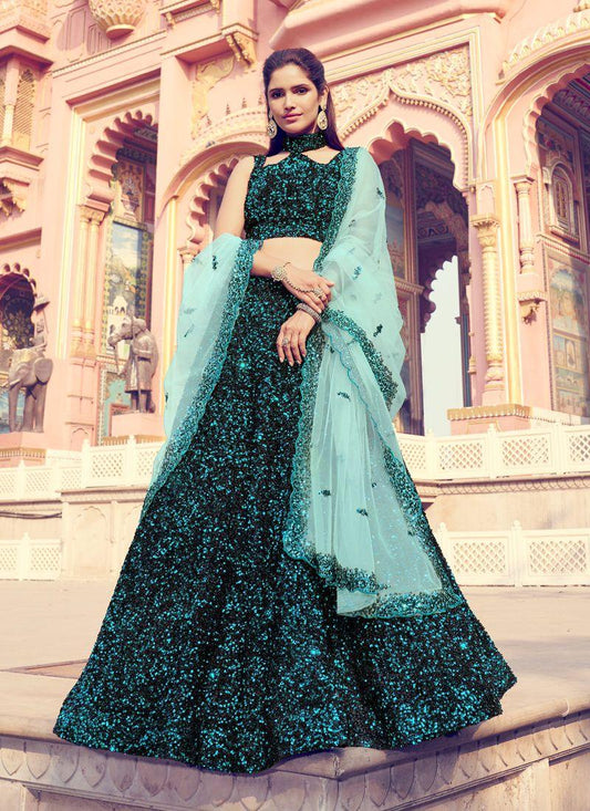 Alluring Black Color Lehenga Choli With Turquoise Color Dupatta Set