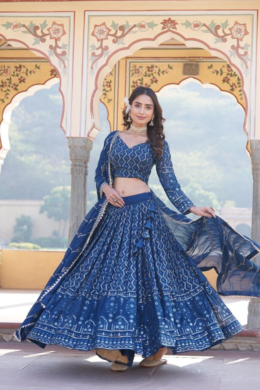 Alluring Faux Georgette Heavy Sequins Thread Embroidered Lehegna Choli Set