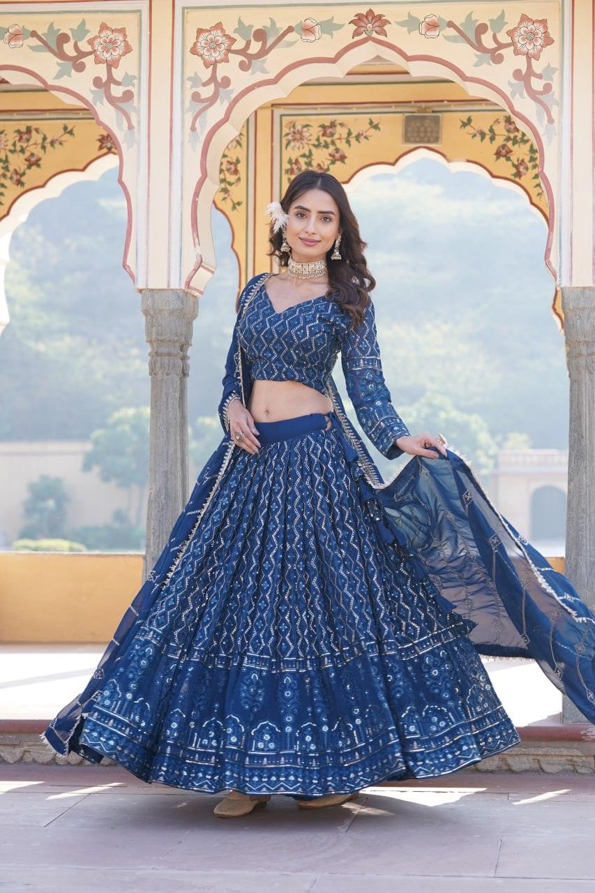 Alluring Faux Georgette Heavy Sequins Thread Embroidered Lehegna Choli Set