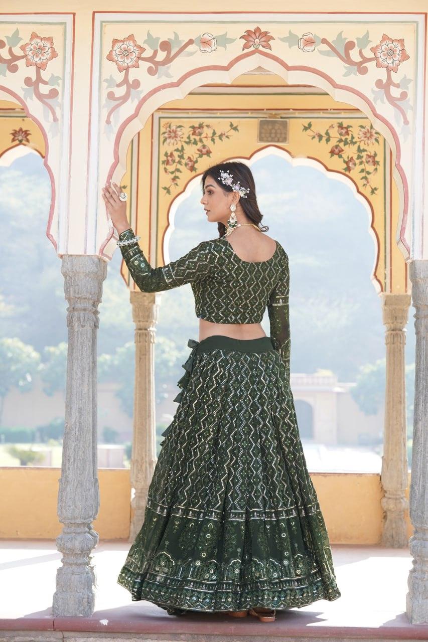 Alluring Faux Georgette Heavy Sequins Thread Embroidered Lehegna Choli Set