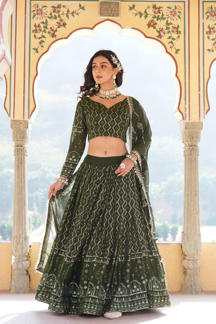 Alluring Faux Georgette Heavy Sequins Thread Embroidered Lehegna Choli Set