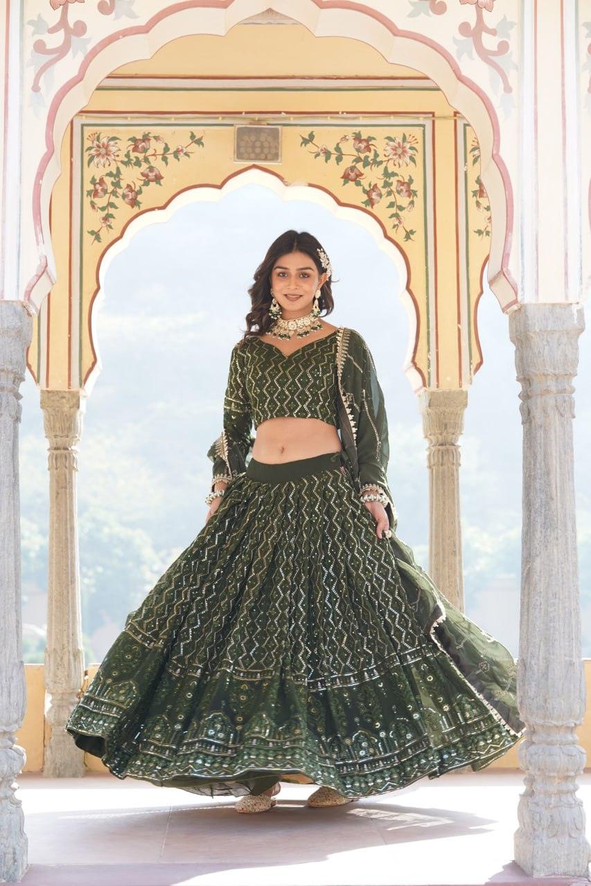 Alluring Faux Georgette Heavy Sequins Thread Embroidered Lehegna Choli Set