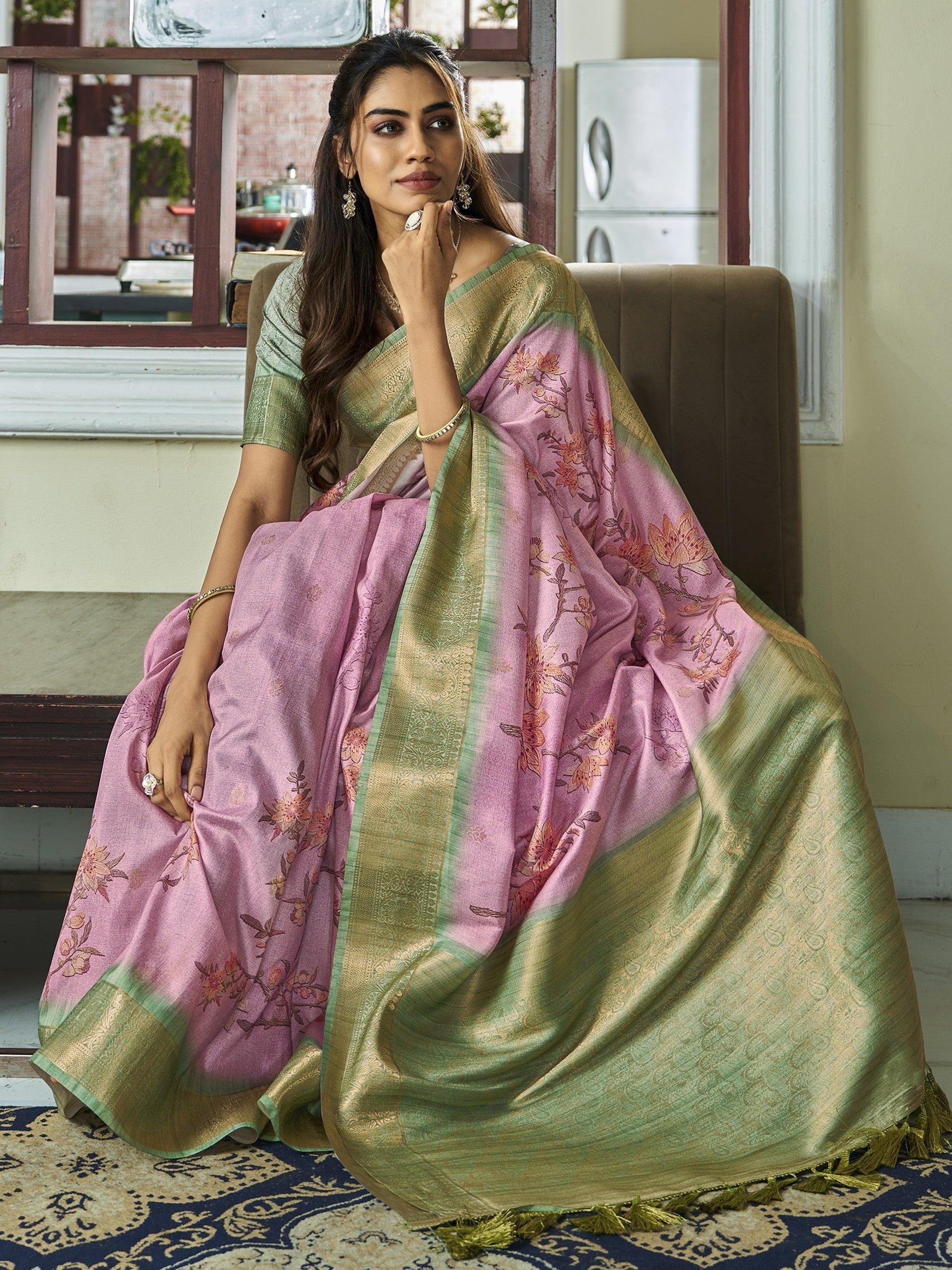 Alluring Light Pink Floral Printed Silk Events Wear Saree With Blouse