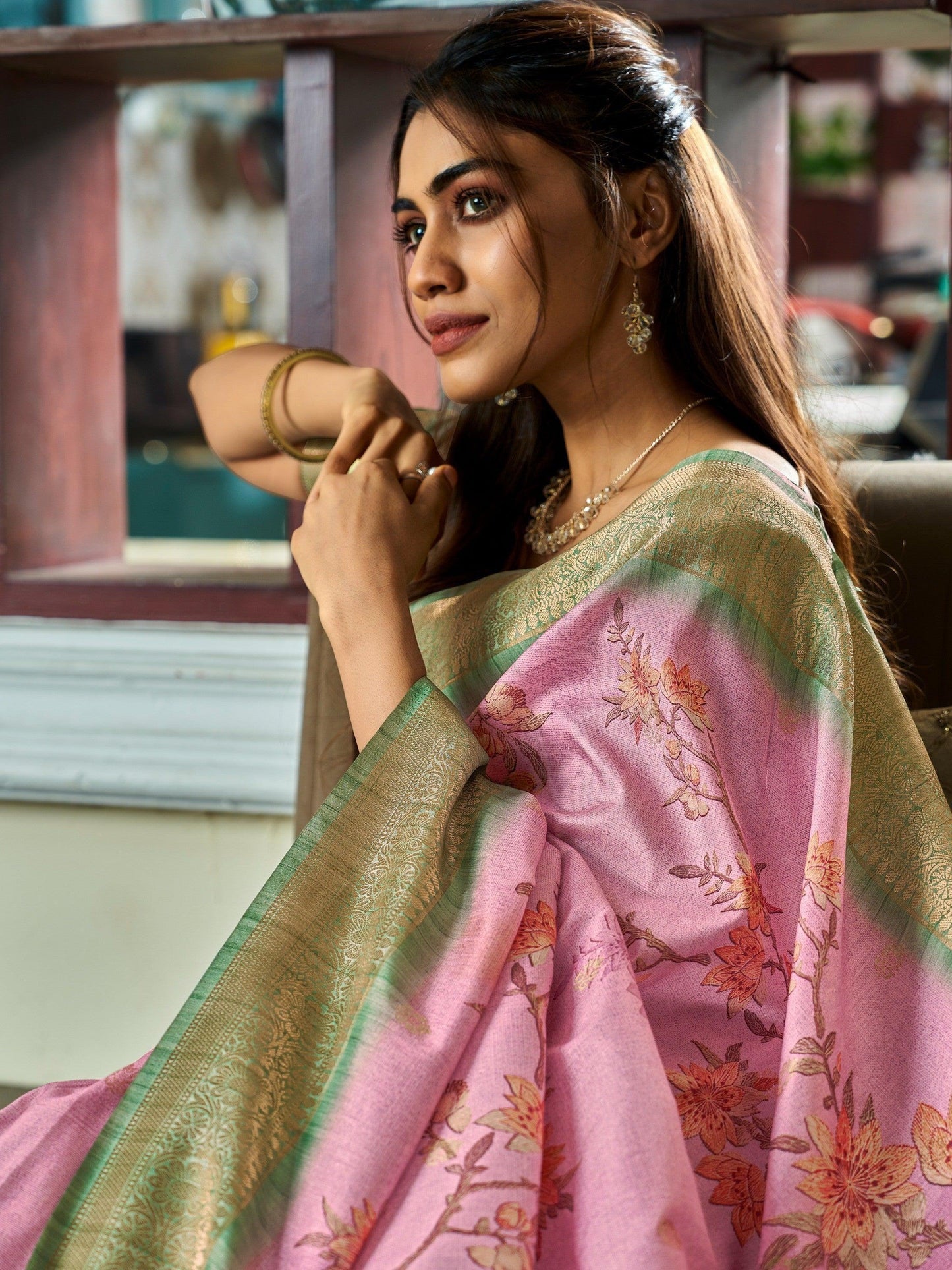 Alluring Light Pink Floral Printed Silk Events Wear Saree With Blouse