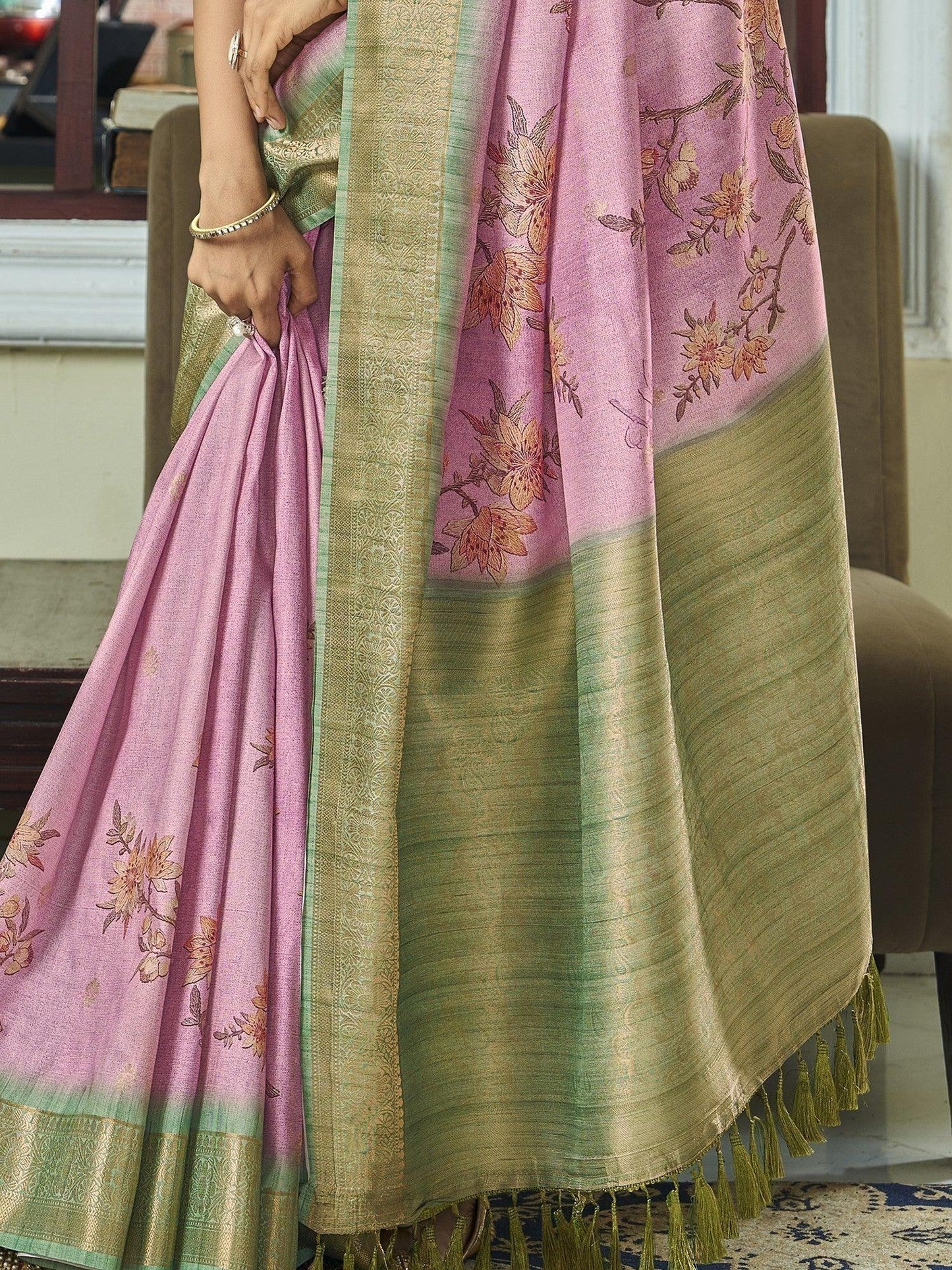 Alluring Light Pink Floral Printed Silk Events Wear Saree With Blouse