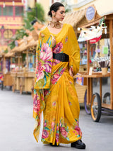 Alluring Mustard Yellow Floral Printed Georgette Event Wear Saree