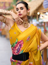 Alluring Mustard Yellow Floral Printed Georgette Event Wear Saree