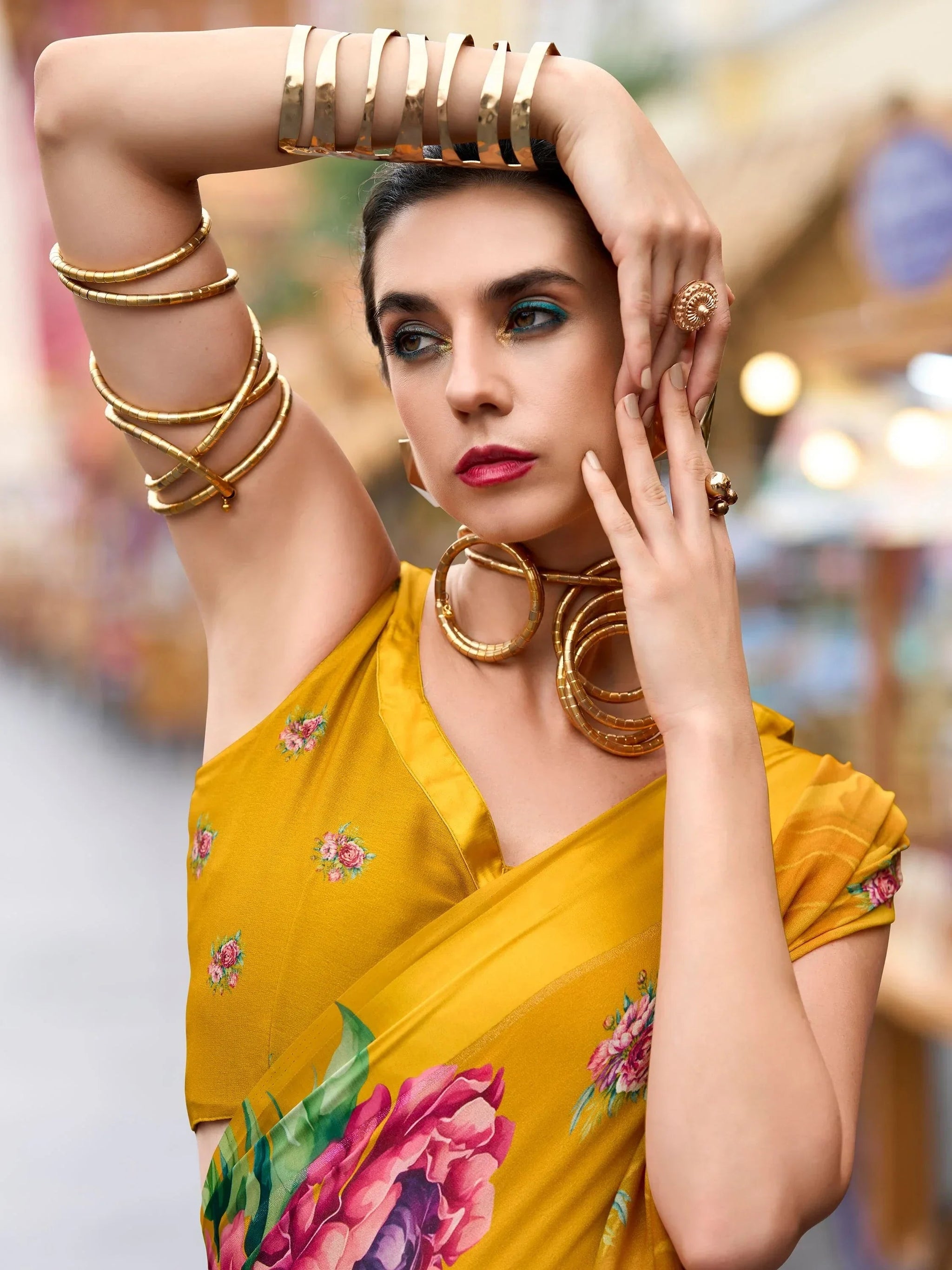 Alluring Mustard Yellow Floral Printed Georgette Event Wear Saree