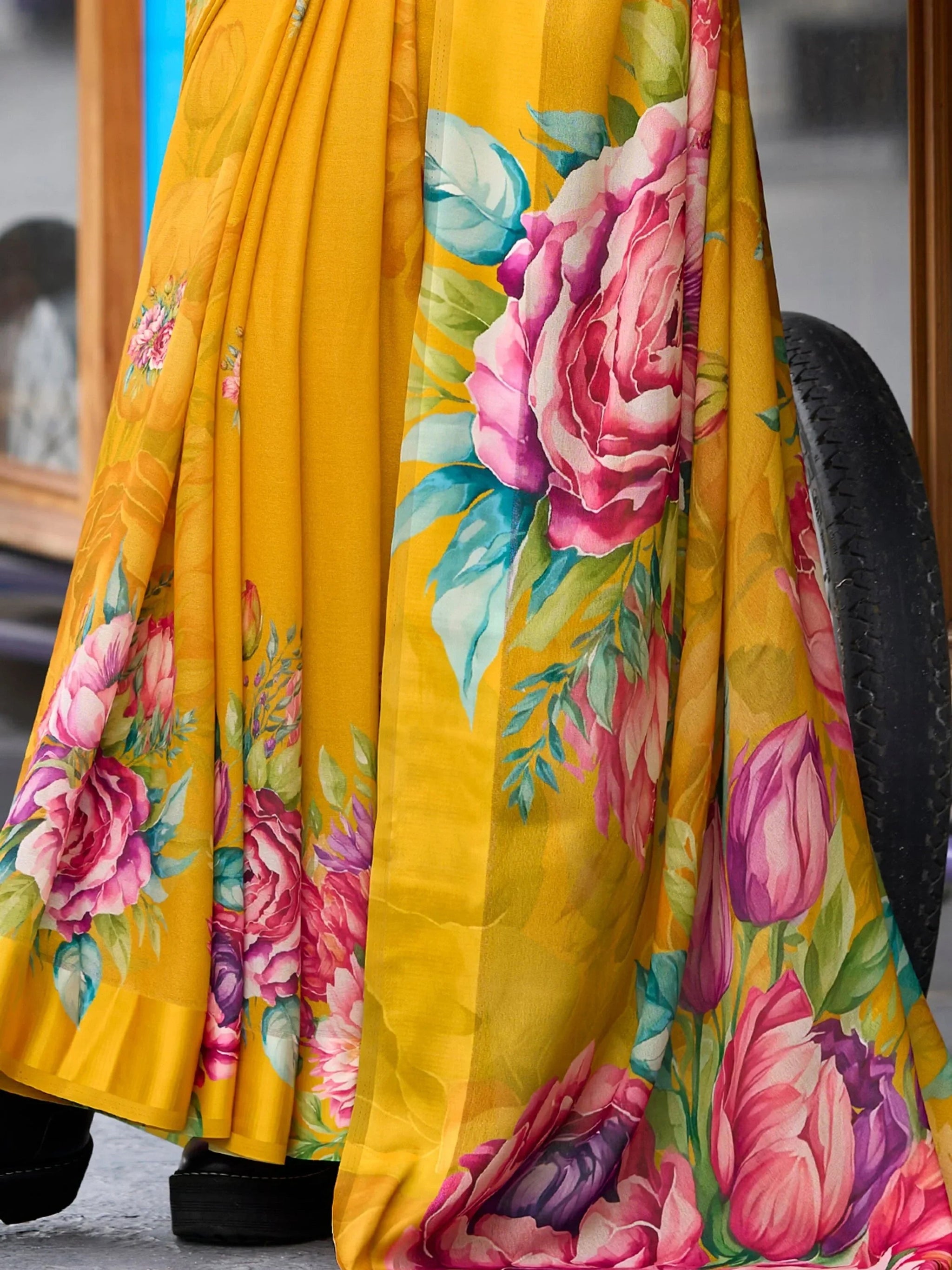 Alluring Mustard Yellow Floral Printed Georgette Event Wear Saree