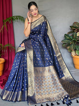 Alluring Navy Blue Zari Woven Silk Festival Wear Saree With Blouse